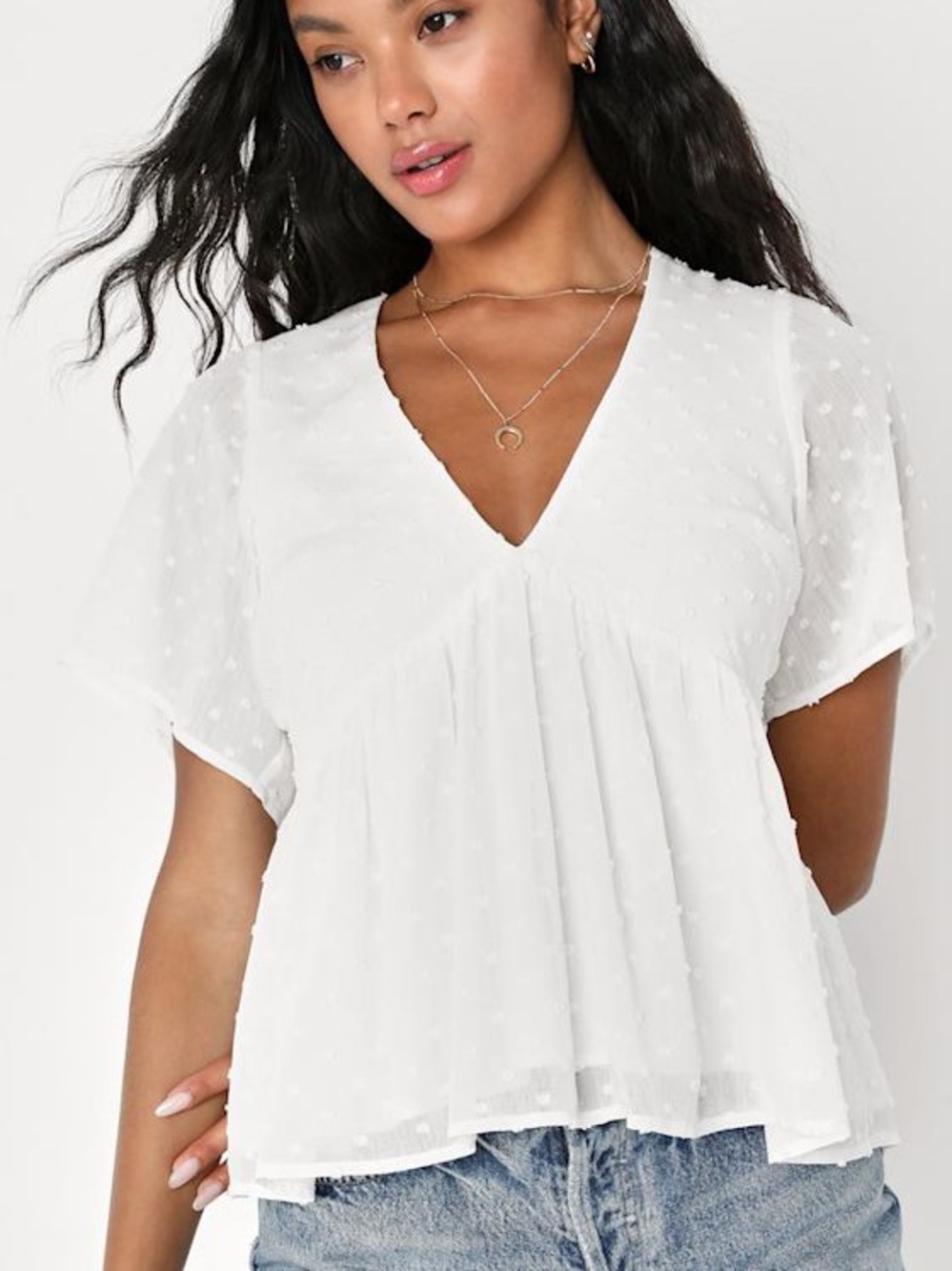 Lulus breezy charm white Swiss dot v neck peplum top women’s S small blouse tee